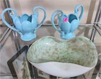 2 blue handled vases, unique bowl