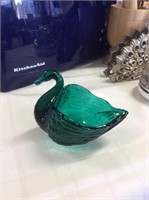 Dark green glass swan dish