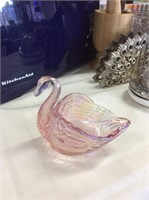Pink iradescent glass swan dish