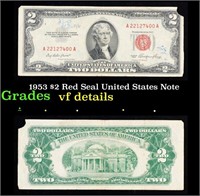 1953 $2 Red Seal United States Note Grades vf deta