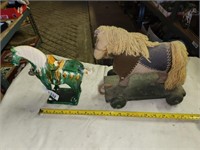 Vintage Horse Plush & Wood Pull Toy & Statue