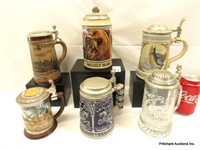 6 Flat Top Vintage German Steins