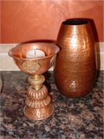 2 Copper Pieces- Hammered Vase & Candleholder