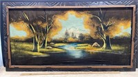 Vintage Framed Velvet Landscape Painting (49" x