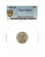 1914-D US BARBER 10C SILVER COIN PCGS MS63