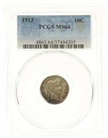 1913 US BARBER 10C SILVER COIN PCGS MS64