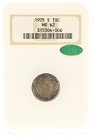 1905-S US BARBER 10C SILVER COIN NGC MS62