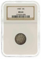 1908 US BARBER 10C SILVER COIN NGC MS64