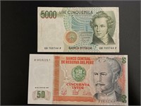 Italian 5000 Lire Bank Note and Peruvian 50 Intis