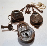 3 Vintage Padlocks w/ Assorted Keys