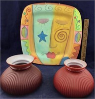 Pottery Wall Art Plate & 2 Red Lamp Shades &