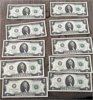 (10) two dollar bills with consecutive serial