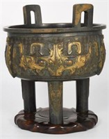 Chinese Large Bronze Censer w/ Wood Stand.