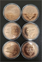 Lot of 6 1Oz .999 Pure Copper Coins in Cases.