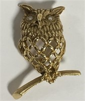 14k Gold And Diamond Owl Pin
