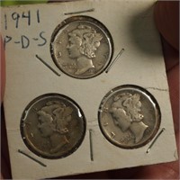 1941 D, P, S Mercury Dimes