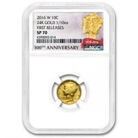 2016-w 1/10 Oz Gold Mercury Dime Sp-70 Ngc