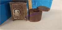 Metal penny bank and wooden
