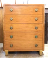 Blonde vintage 5 drawer tall chest w/ round pulls