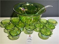 VTG Indiana Green Carnival Glass Punch Bowl &
