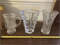 3 heavy glass, 2 vases, 1 pitcher