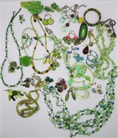 Vntg Green Plastic / Crystals Costume Jewelry