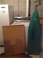 metal ironing board, bulletin board