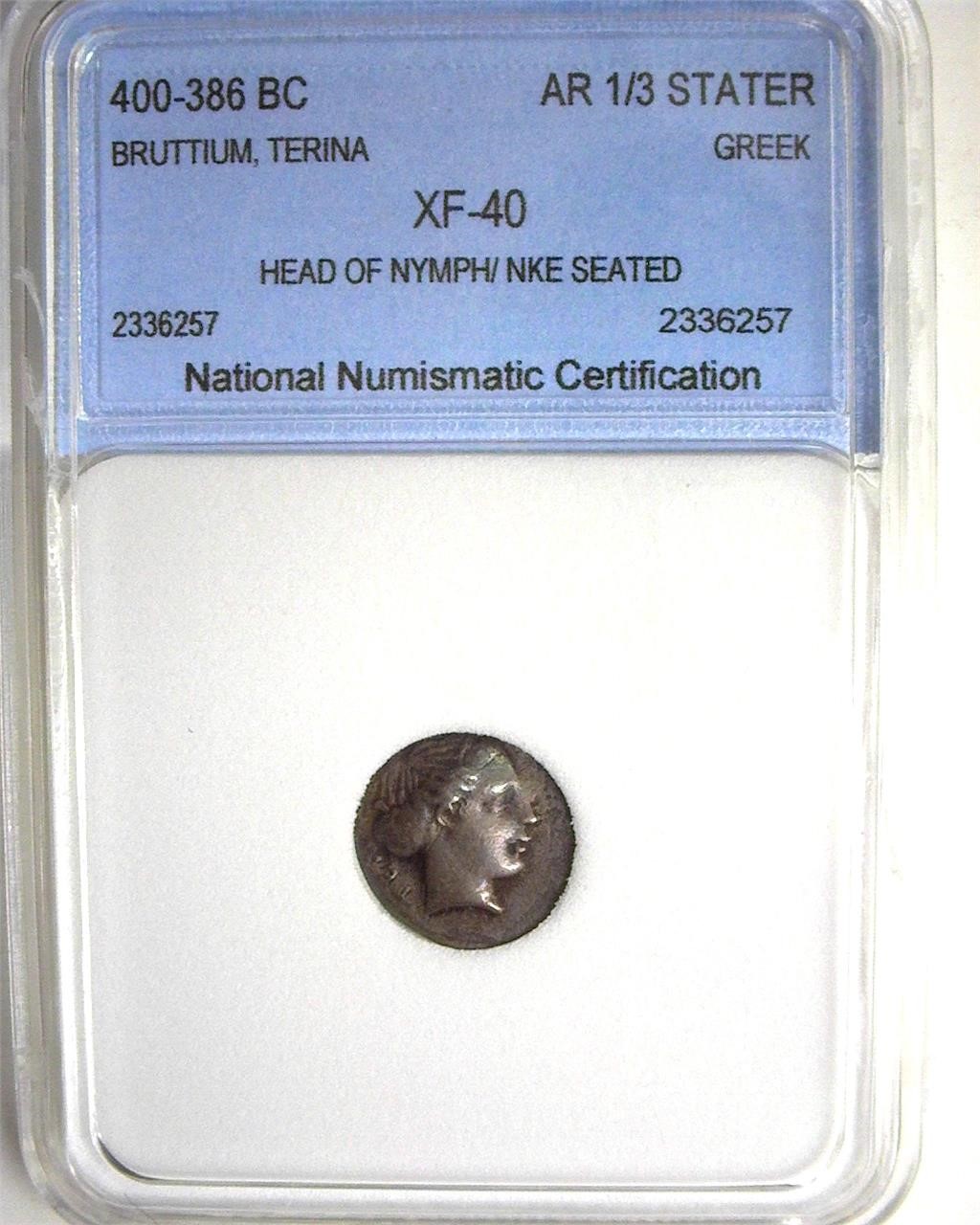 400-386 BC Bruttium Terina NNC XF40 AR 1/3 Stater