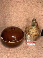 Brown Covered Bowl and Wine Bottle