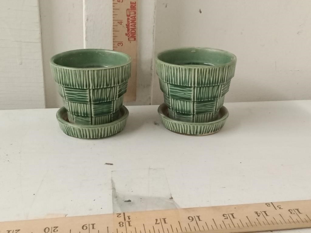 2 MCCoy pottery 3" basketwaeve flower pots