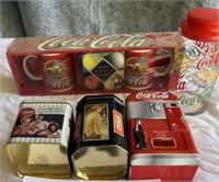 Coca Cola mugs w/ coaster set, carafe and tins