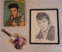3 Piece Elvis Memorabilia - Charcoal Drawing,