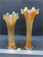 2 Carnival Glass Fluted Vases (9" & 10"H).