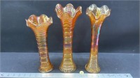 3 Carnival Glass Fluted Vases (10", 12" &