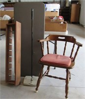 chair, Bissell sweeper, folding table & shelf
