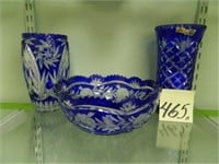 (3) Cut Glass Cobalt Blue Pieces - 9" Vase,