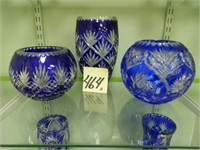 (3) Cut Glass Cobalt Blue Pieces - 8 1/2" Vase &