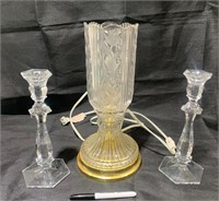 Vintage Glass Table Lamp & Candle Holders