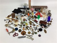 Marbles, pin back buttons, tokens, glass shoe