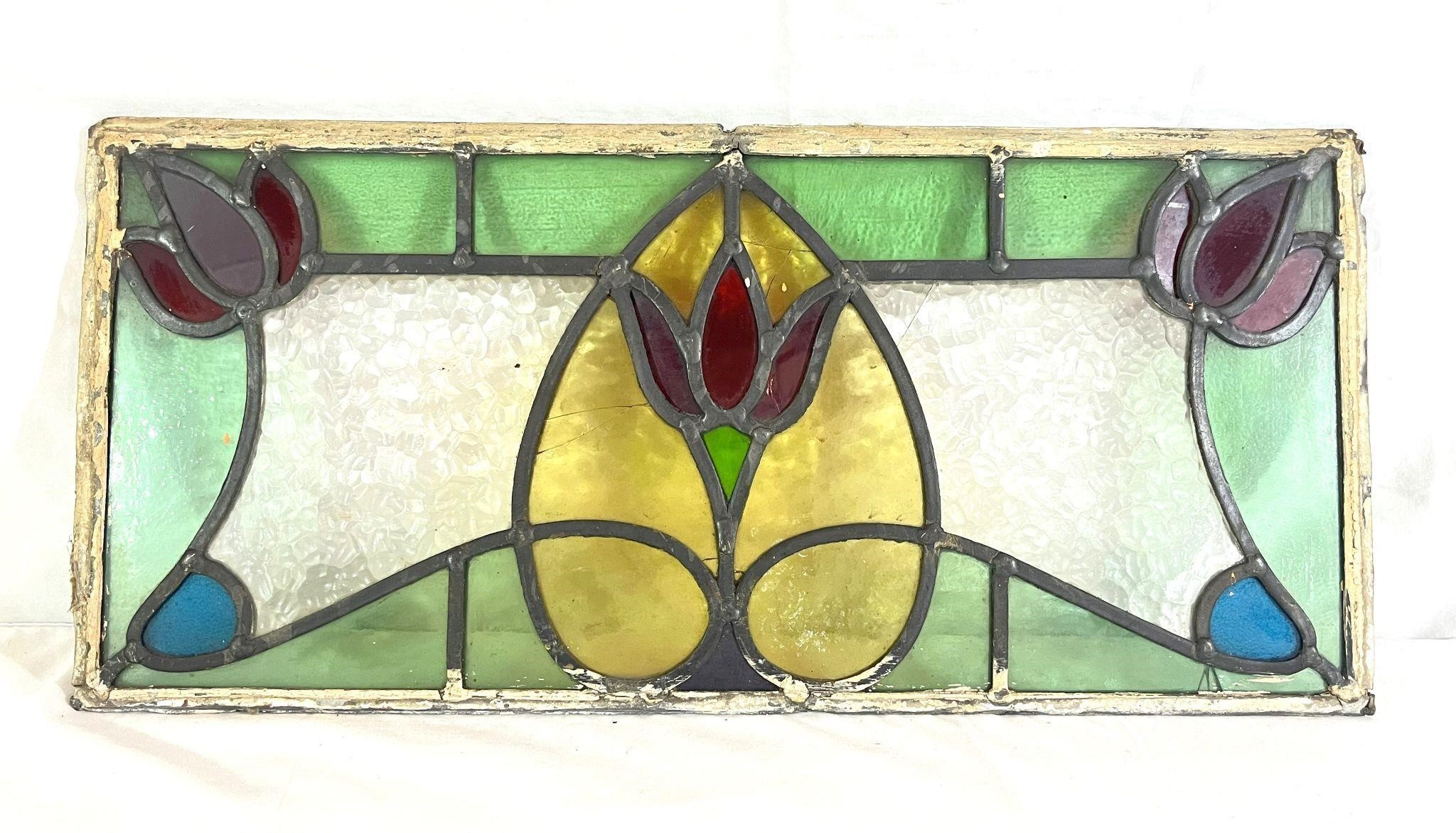 Antique "Red Tulips" Stained Glass panel