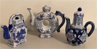 Lot of 3 Asian Blue & White Porcelain Teapots