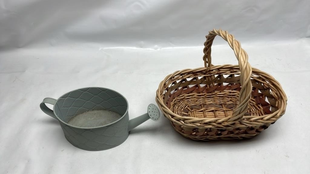 Wicker basket and watering can planter