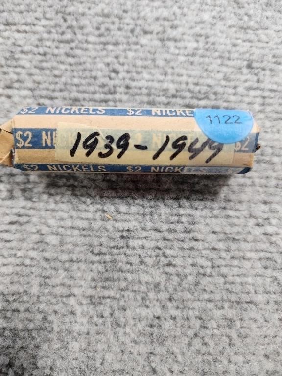40 Jefferson nickel roll; 1939-1949.  Buyer must c