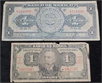1923 Brazil Mil Reis and 1948 Mexico 1 Peso Notes