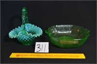 Green Hobnail Glass Basket - One handle has been