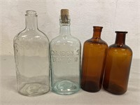 4 Antique Glass Bottles Gordon’s Dry Gin & More