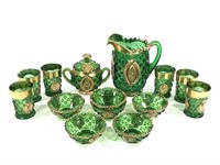 14 Pc EAPG Northwood Green & Gold Pitcher Glasses+
