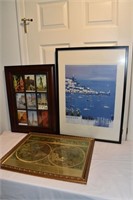 3 prints: Blaeu world map, harbor scene, etc., lar