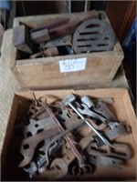 Wooden Box w/ Vintage Wrenches, Drain Cover,