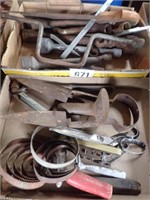 (2) Boxes w/ Tire Iron, Vintage Wrenches, Saw